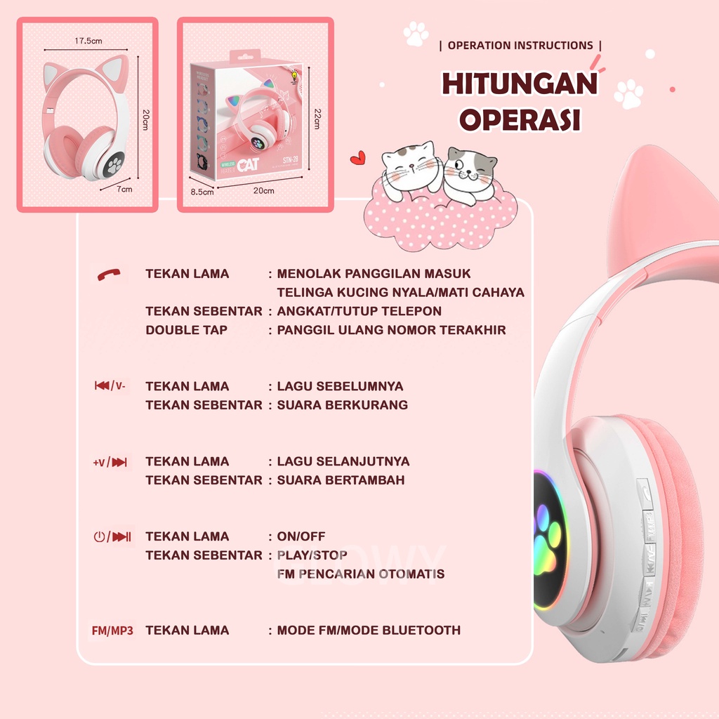 Hadiah ulang tahun telinga kucing baru bluetooth 5.0 headset nirkabel tren lucu headset olahraga hadiah ulang tahun headset gaming baterai super tahan lama 10 JAM