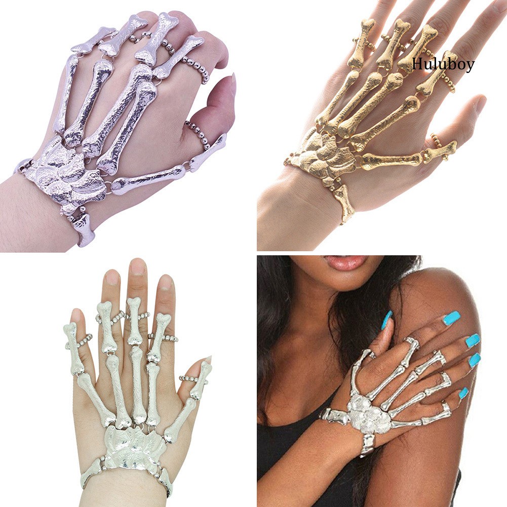 Punk Gothic Skeleton Skull Bone Hand Bangle Finger Ring Bracelet