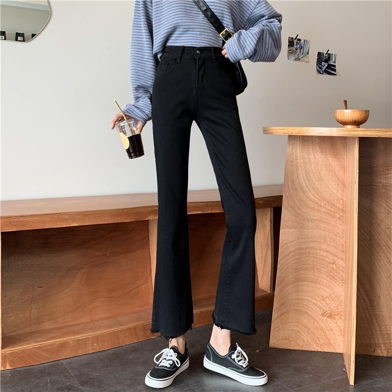 yikoo-Celana Panjang Hitam Korea Jeans Flare Wanita