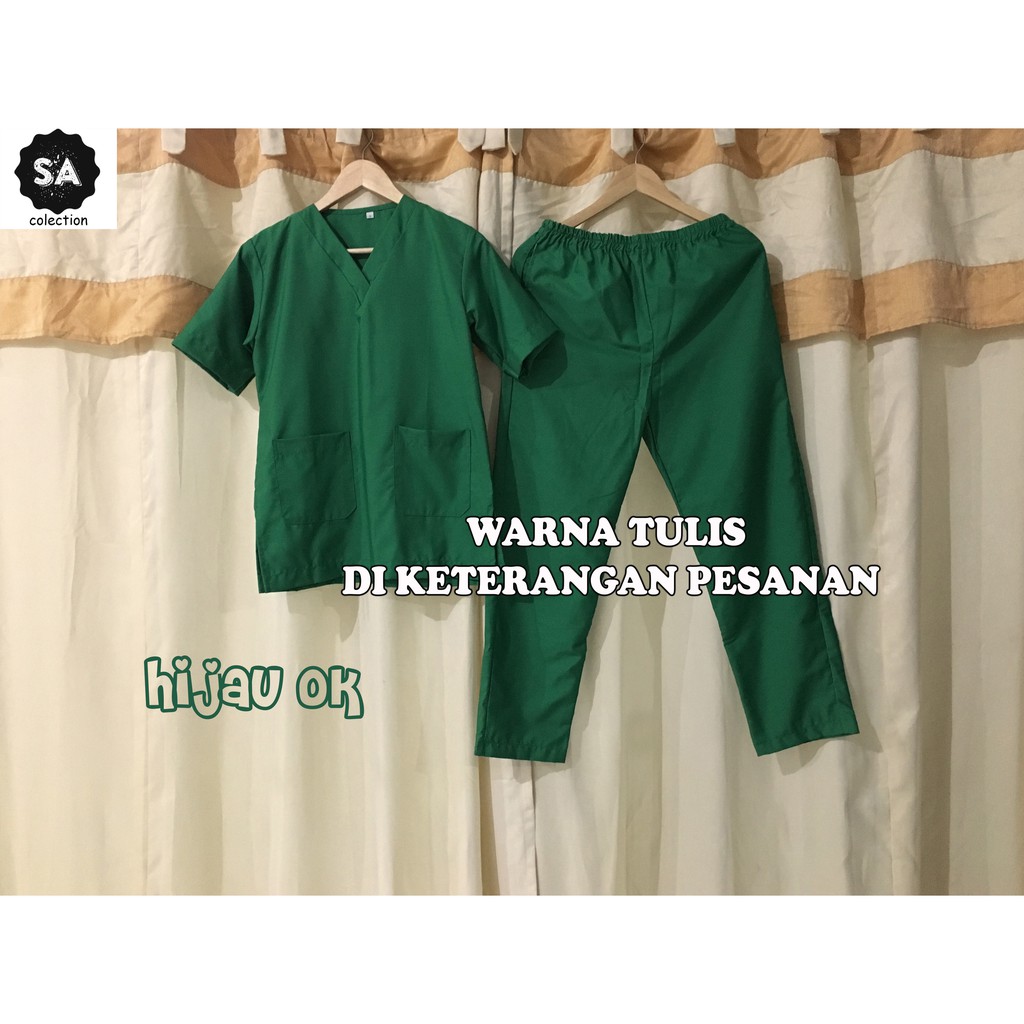 Baju OK Atasan &amp; Celana Boleh beda size / Baju OKA / Baju Jaga / Baju Scrub / Lengkap masker topi