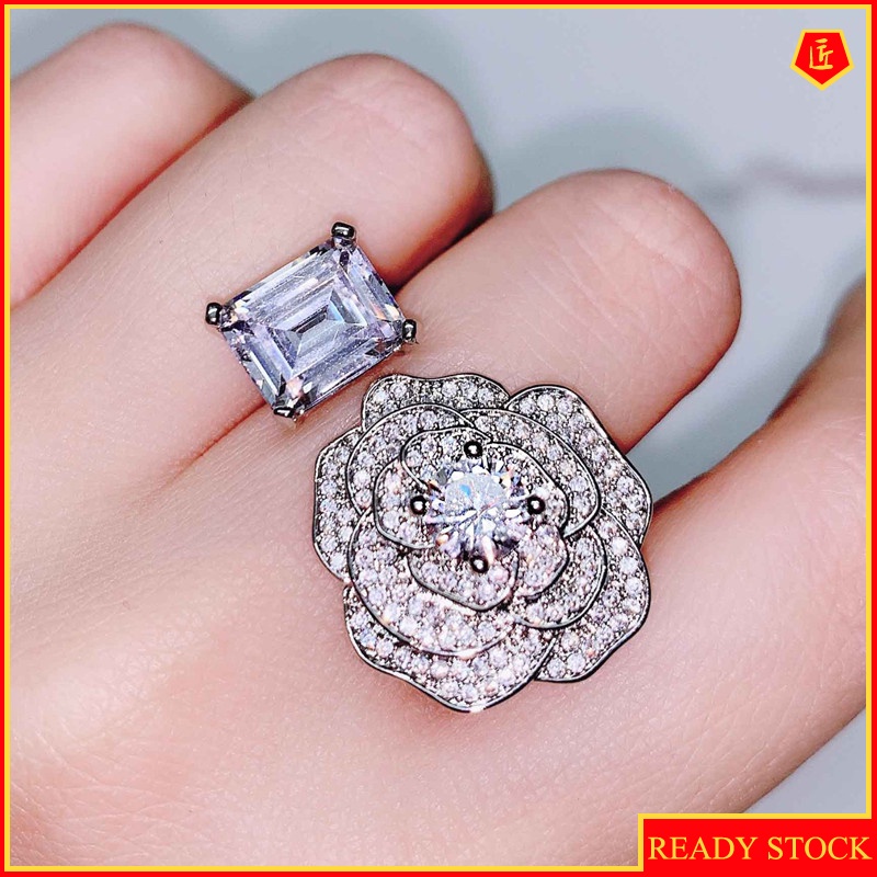 [Ready Stock]Fashion Luxury Micro-Inlaid Diamond Camellia Ring