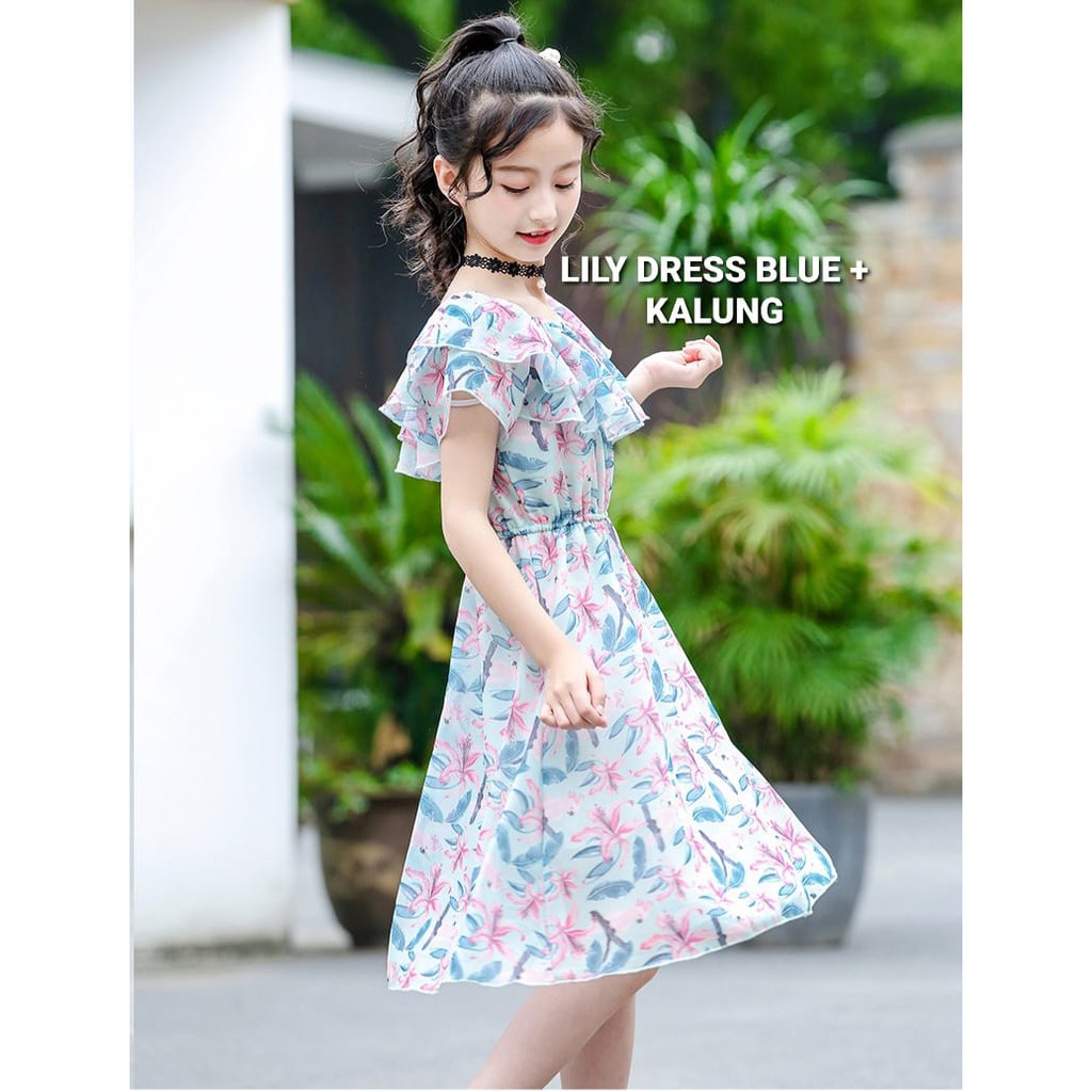 LILY DRESS BLUE / DRESS SABRINA ANAK PEREMPUAN REMAJA IMPOR KOREA / BAJU TERUSAN BUNGA DAILY