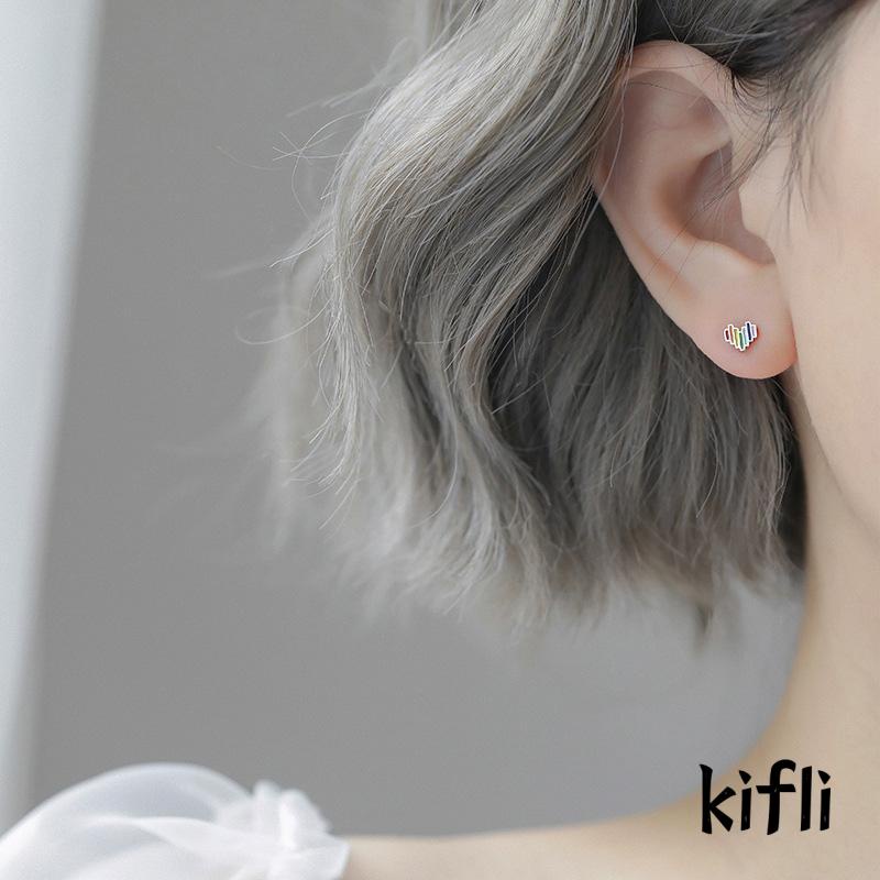 Anting Tusuk Silver S925 Desain Hati Warna Pelangi Untuk Wanita