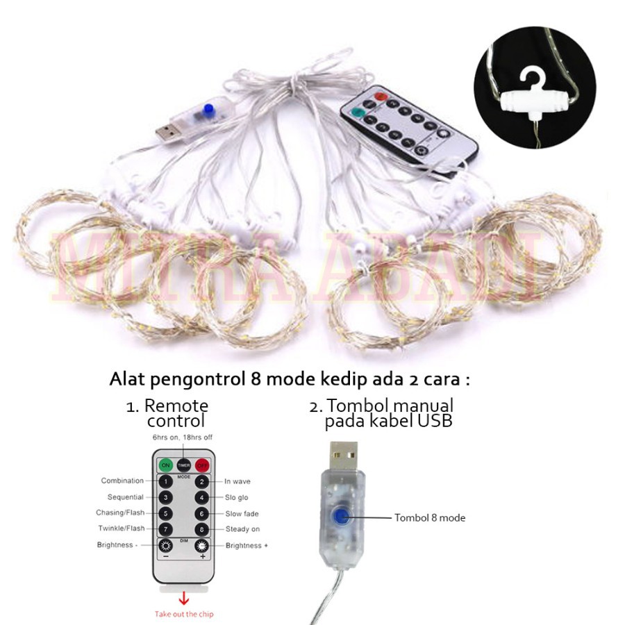 Lampu Natal Tirai Kawat 300 LED 3M x 3M + KABEL USB + HOOK + REMOTE