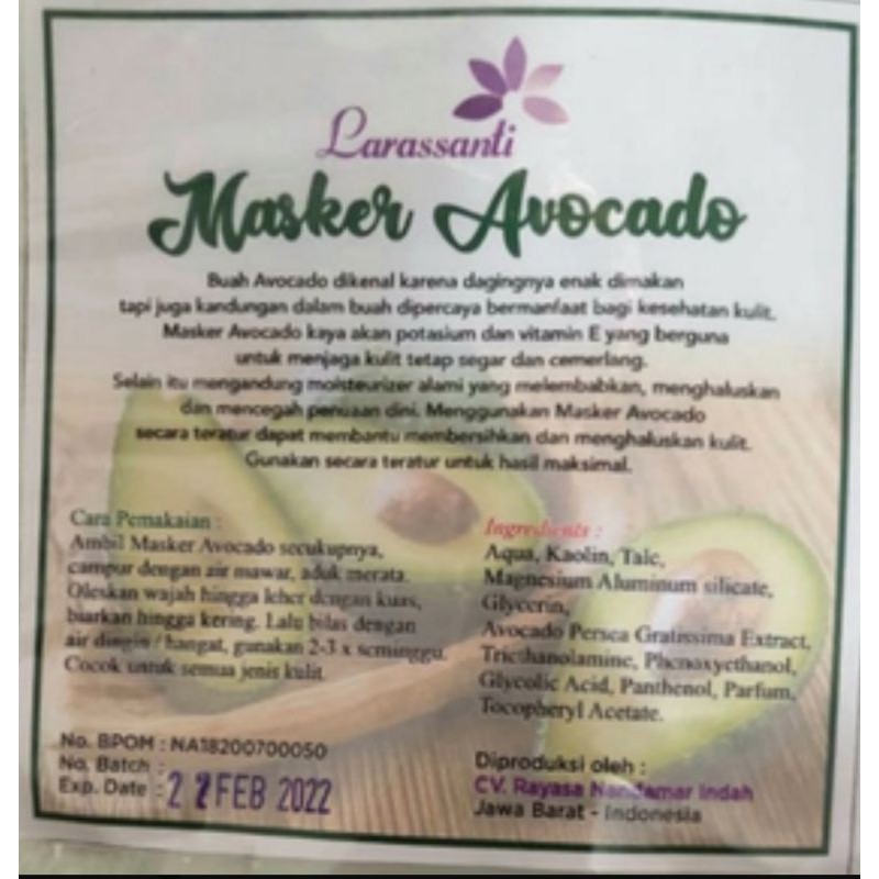 MASKER AVOCADO LARASSANTI 500gr (BPOM)