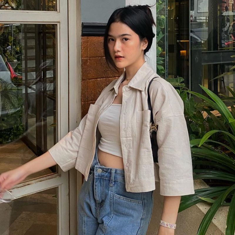 Kayshop - Outer shirt crop two Pocket / kemeja crop linen lengan  / kemeja polos murah / baju atasan