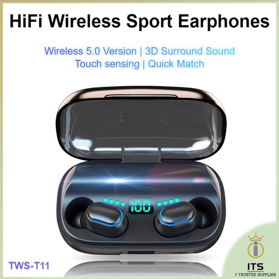 ITS Earphone TWS T11 Hi-Fi Bluetooth 5.0 Wireless Headset Ergonomic Design Sport Earphones