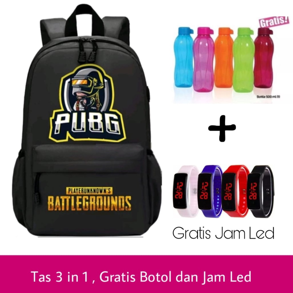 tas ransel anak 3 in 1 - tas sekolah anak SD - tas anak PUBG - tas anak laki BONUS JAM LED dan bBOTOL