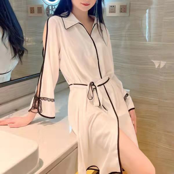 Renda seksi di balik godaan piyama wanita baru Xiaoxiangfeng off-shoulder kemeja sifon piyama