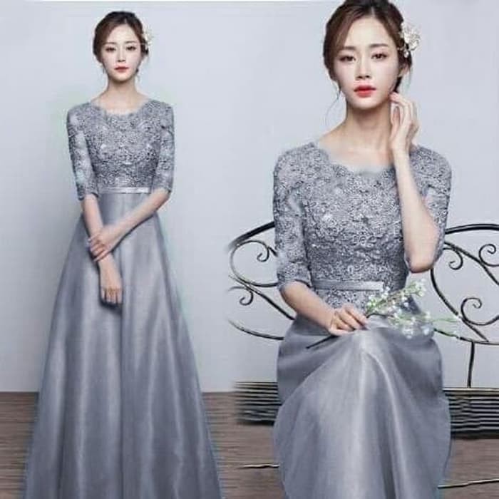 DISKON LONG DRESS BRUKAT SILVER PARTY DRESS TERBARU MasDonaShop