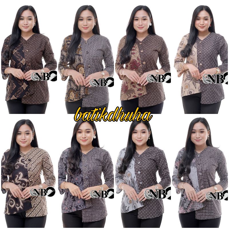 Blouse Batik Wanita Kombinasi Modern Warna Coklat Abu M L XL XXL