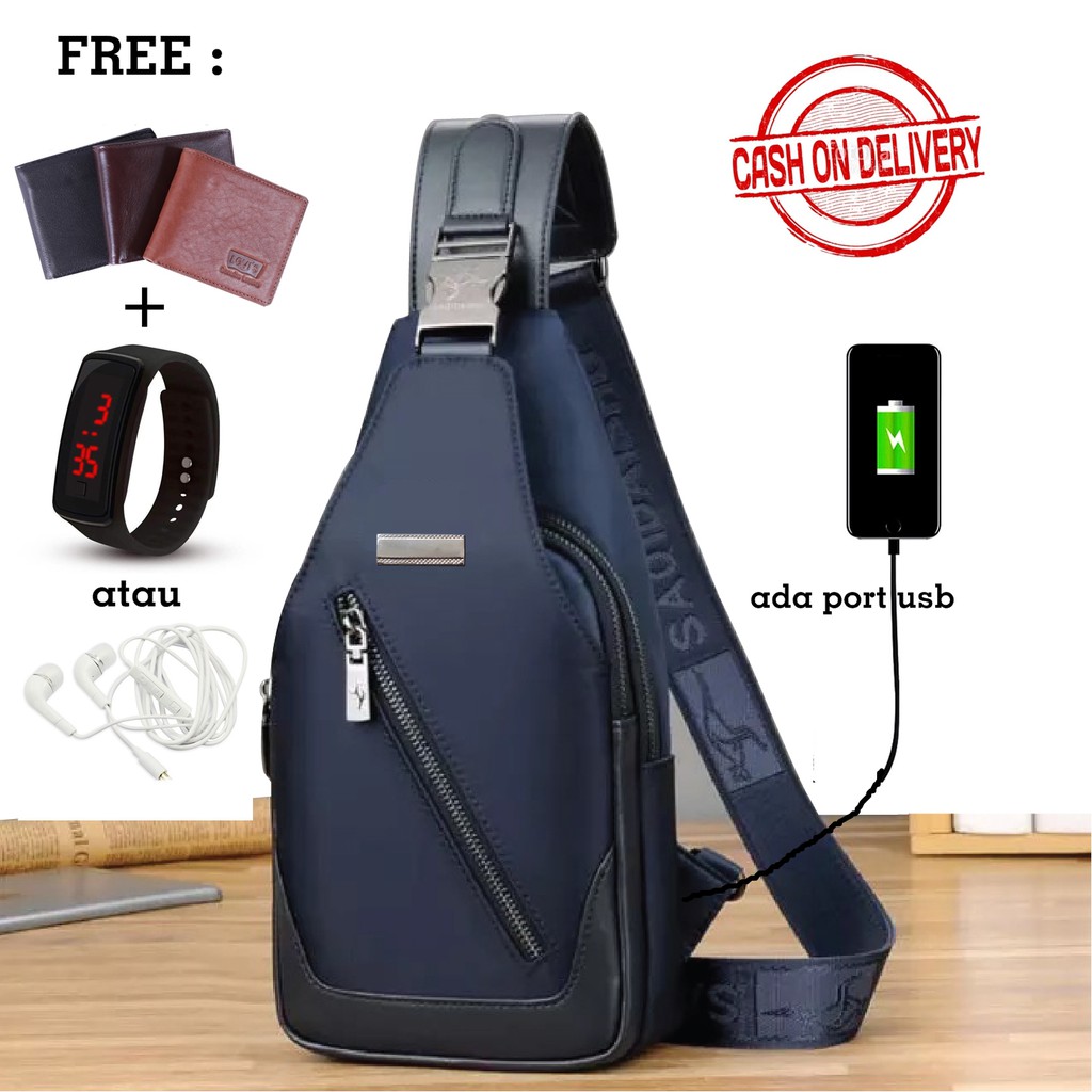 Tas Selempang Pria Murah Anti Air - LK Bag Hitam Navy dan Abu bonus Dompet + Jam Tangan LED/Headset