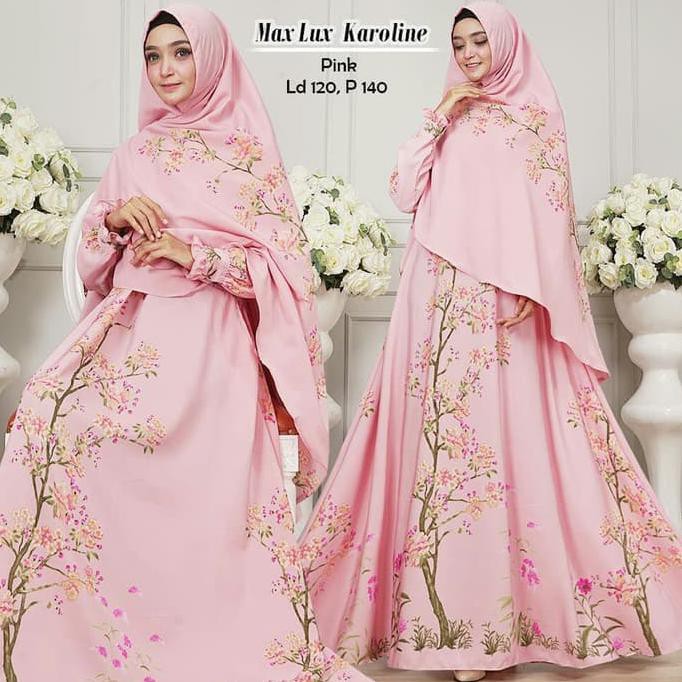 BAJU GAMIS SYARI SYARII JUMBO MUSLIM KAROLINE PINK MEWAH BONUS KHIMAR