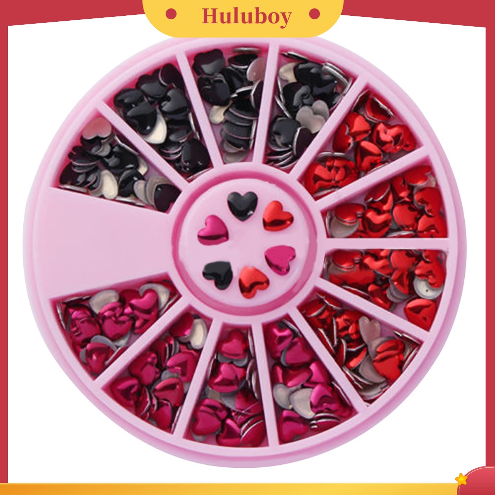 Huluboy Huluboy♡ 1 Kotak Roda Isi Stiker Rivet Bentuk Hati Bahan Metal Warna Campur Untuk Nail Art DIY