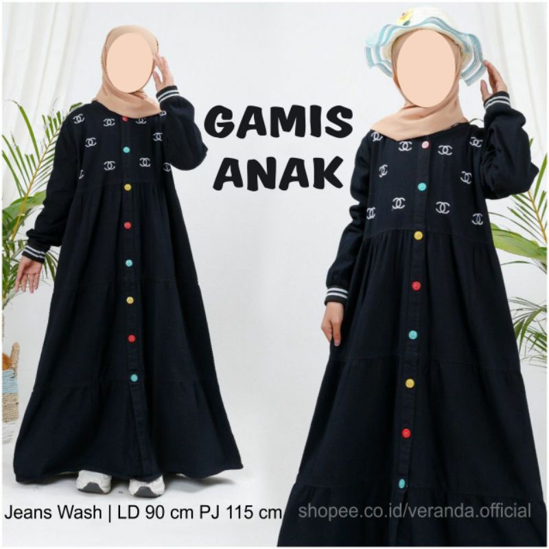 Dice Gamis Jeans Anak Perempuan Tanggung Umur 9-11 Tahun Baju Maxi Jins Rempel Susun Hitam Remaja Bo