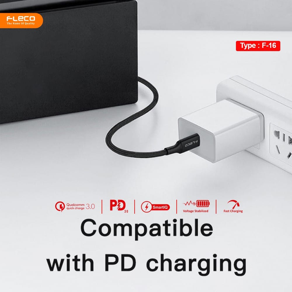 FLECO F-16 Kabel Data / Charger USB C to Type-C untuk Samsung / Macbook / Hua/wei / Xiaomi