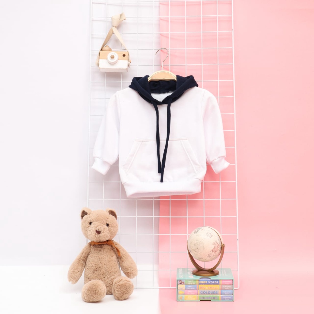 (Adikakak) JAKET HOODIE ANAK UMUR 1 - 5 TAHUN WARNA PUTIH NAVY, JAKET POLOS ANAK , HOODIE POLOS ANAK