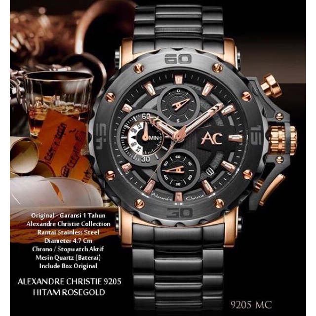 Jam Tangan Alexandre Crhistie 9205 MC Black Rose Gold Original.