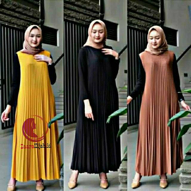 PROMO - AINUN LONG DRESS/ GAMIS PLISKET TANPA LENGAN