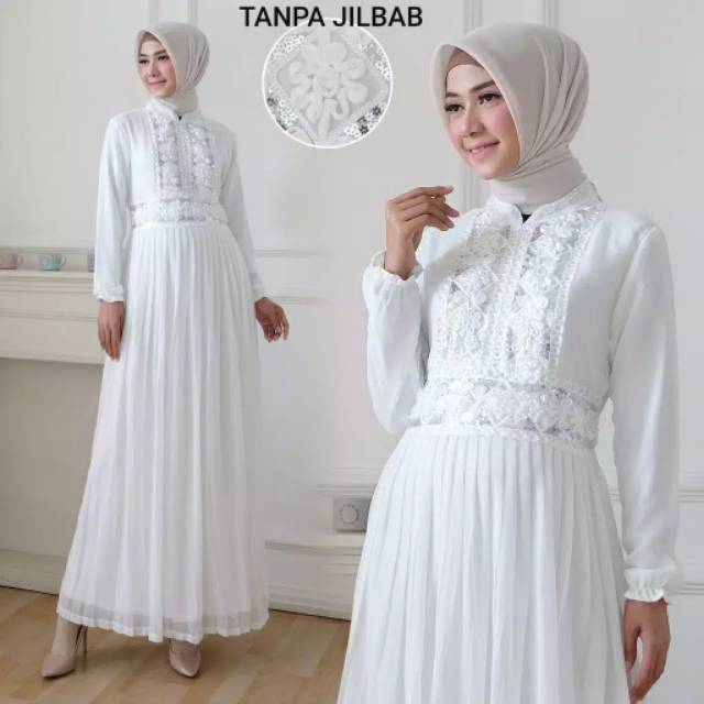 DRESS WHITE HANUM PLISKET SIZE M L XL REALPICT DRESS HAJI UMROH LEBARAN LAMARAN TUNANGAN