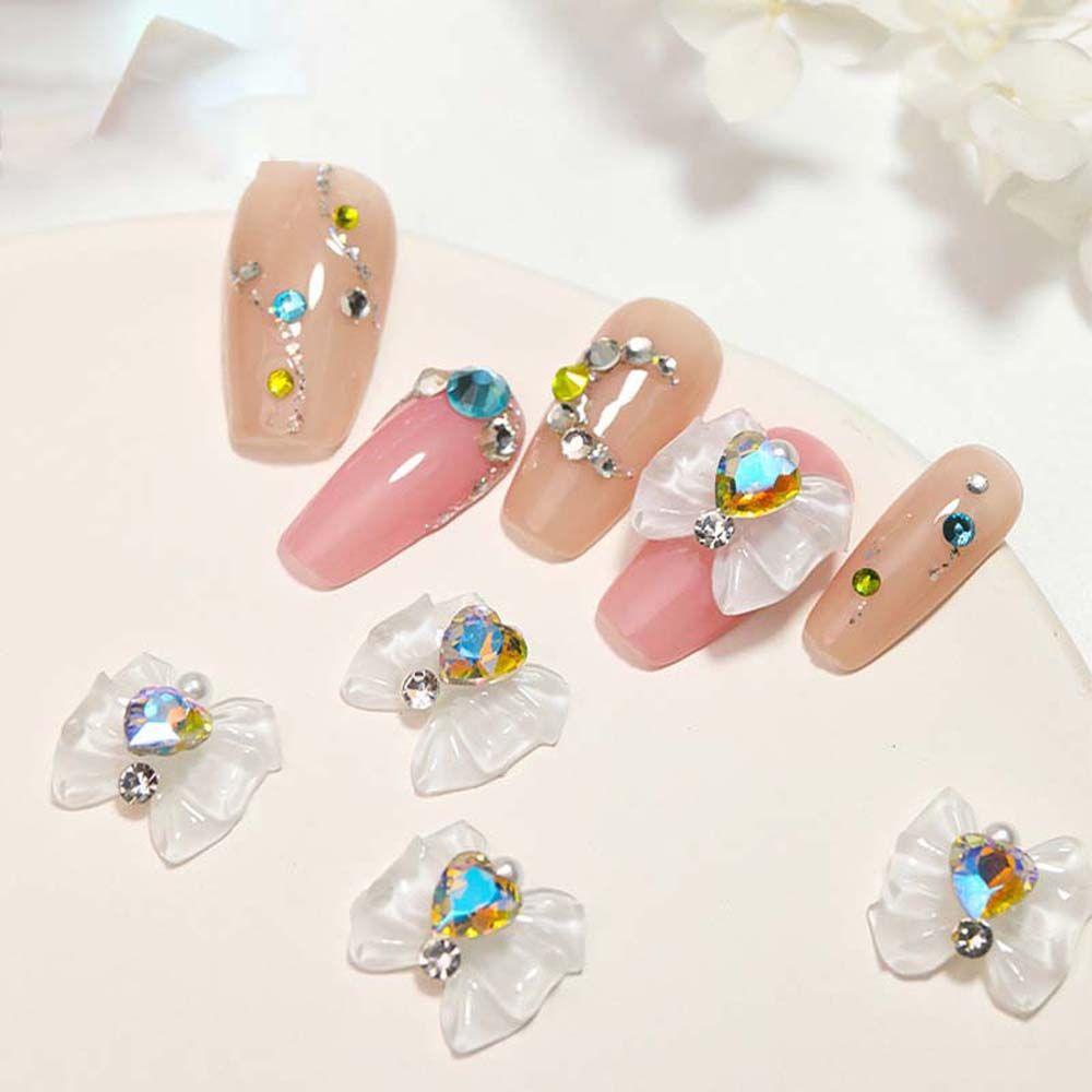 AUGUSTINA Agustina Dekorasi Nail Art 5 Pcs Merek Mewah 3D Resin Hati Berlian Imitasi Busur Kuku Pesona