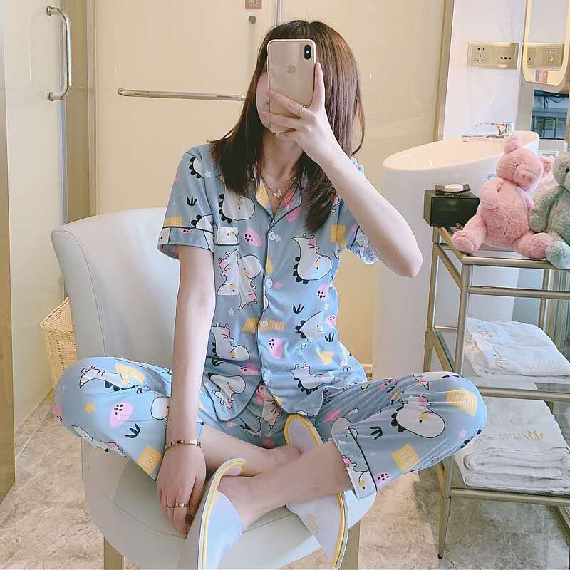 BAJU TIDUR PIYAMA SET KEMEJA CP LENGAN PENDEK CELANA PANJANG IMPORT PREMIUM BANYAK MOTIF PART 2-Monster Biru