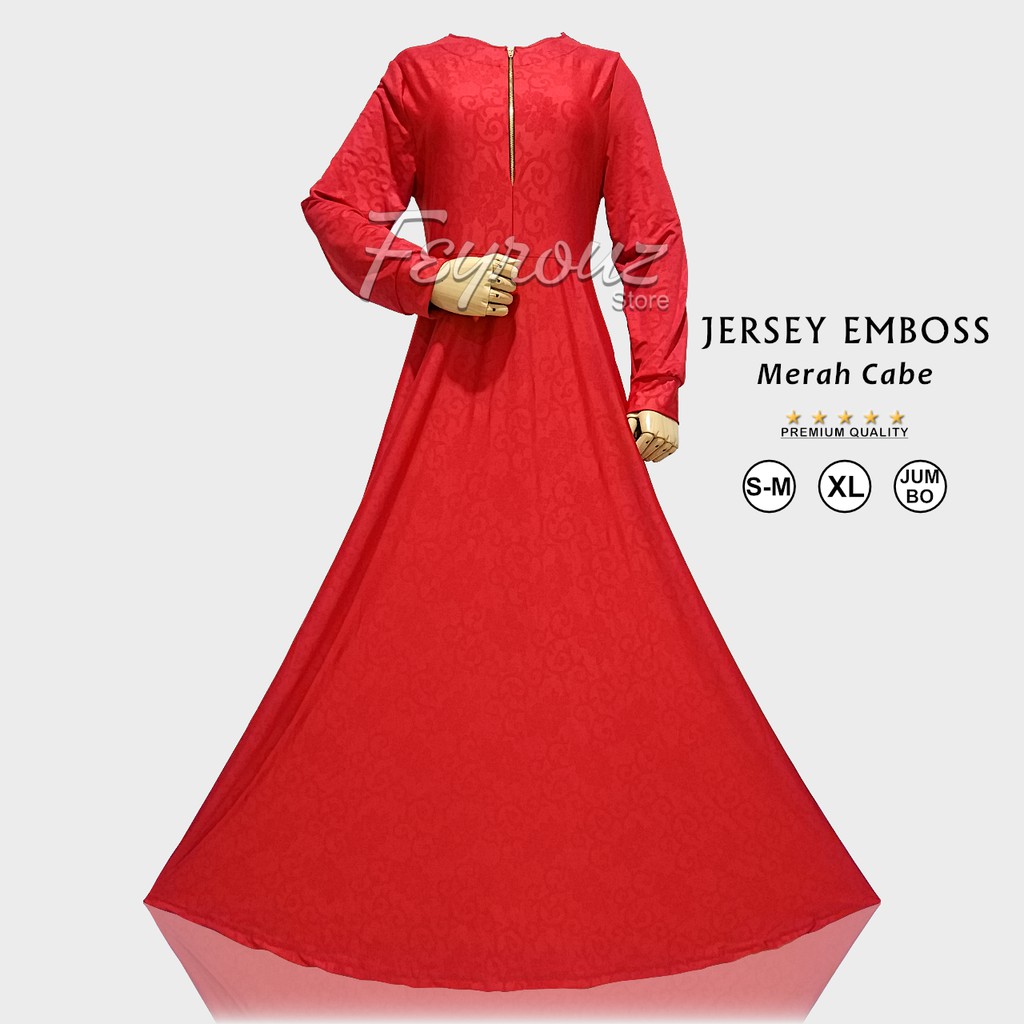 Gamis Dress Jersey Motif Emboss Relief Merah Cabe Size M XL Jumbo