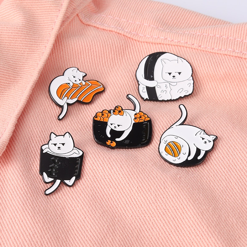 Sushi Cat Enamel Pin Custom Cuisine Rice Roll Cat Brooches Cartoon Kitten Badges Bag Clothes Pins Jewelry Gift for Cat Lover