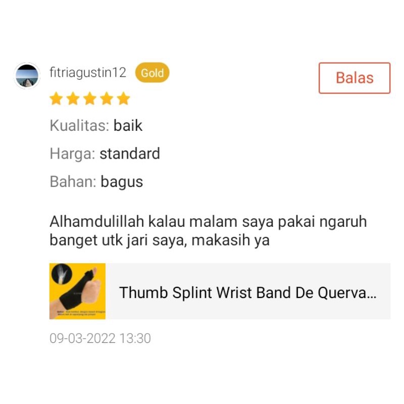 Thumb Splint Wrist Band De Quervain Support Fingger Hand Jempol Tangan Pergelangan Tangan Velcro Terapi Jempol Pelurus Jempol Membantu terapi cidera jari / Wrist Thumb Support / Deker Ibu Jari / De Quervain / Arthritis / Stabilizer / Splint / Orthosis