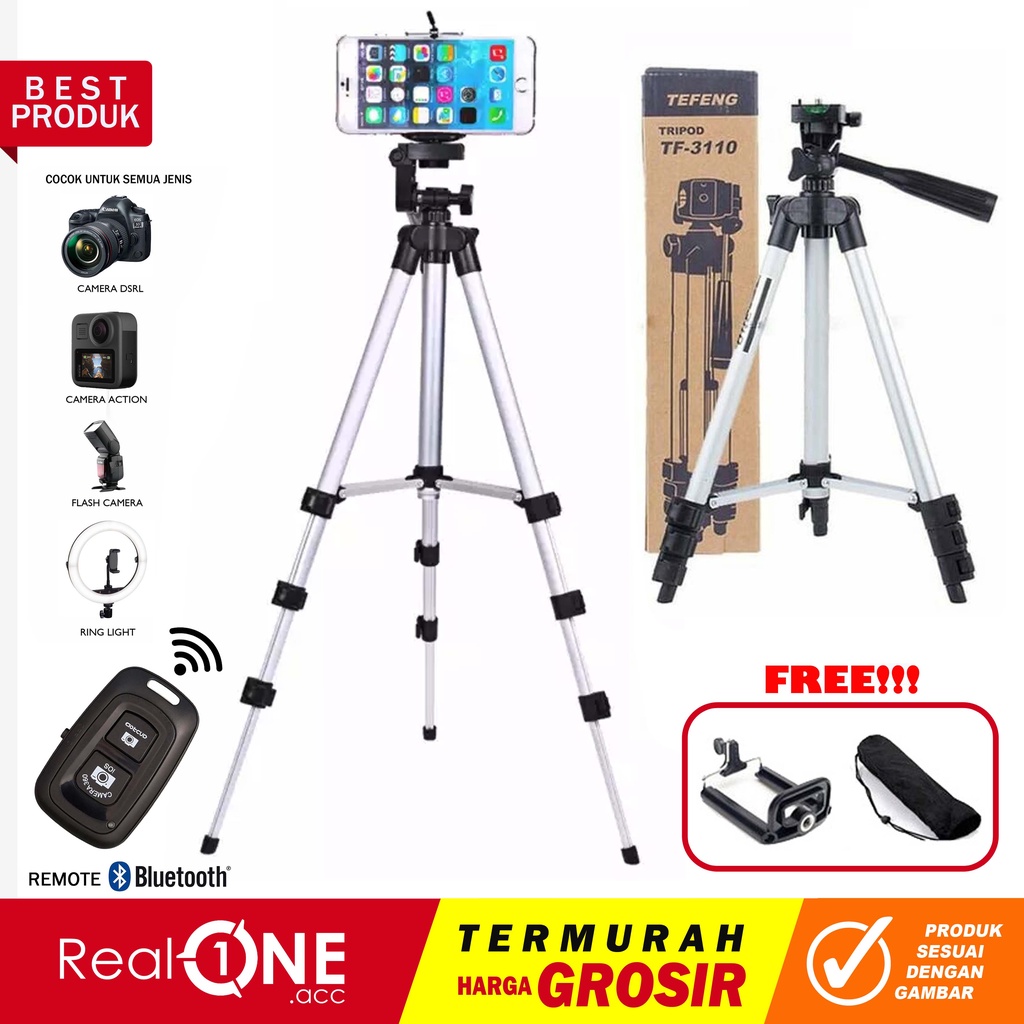 Tripod kamera 1 meter free holder u penjepit hp bahan stainless WT 3110A stand camera hp DSLR &amp; paket youtuber mic + splitter remote bluetooth - realoneacc