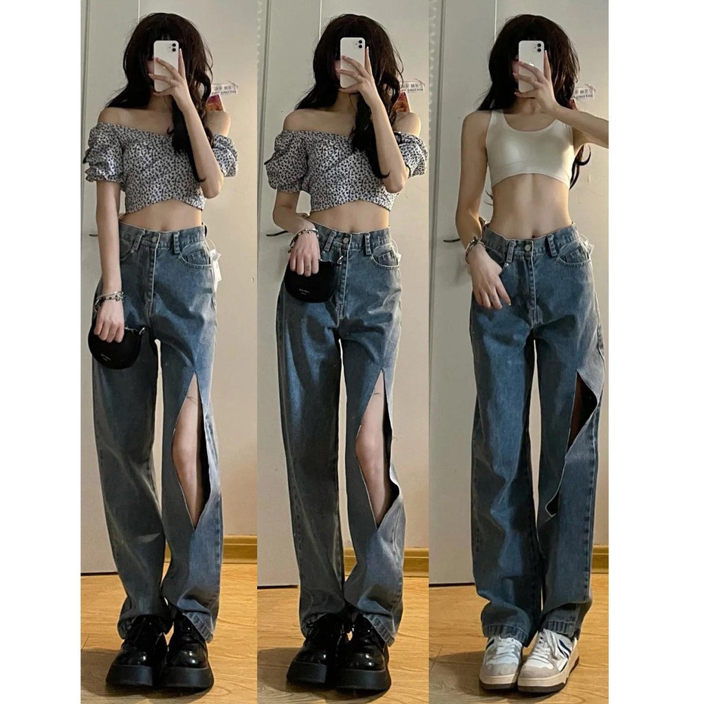 Suhao Musim Panas Retro Tinggi Pinggang Lurus Besar Ripped Jeans Wanita Hong Kong Longgar Celana Pan