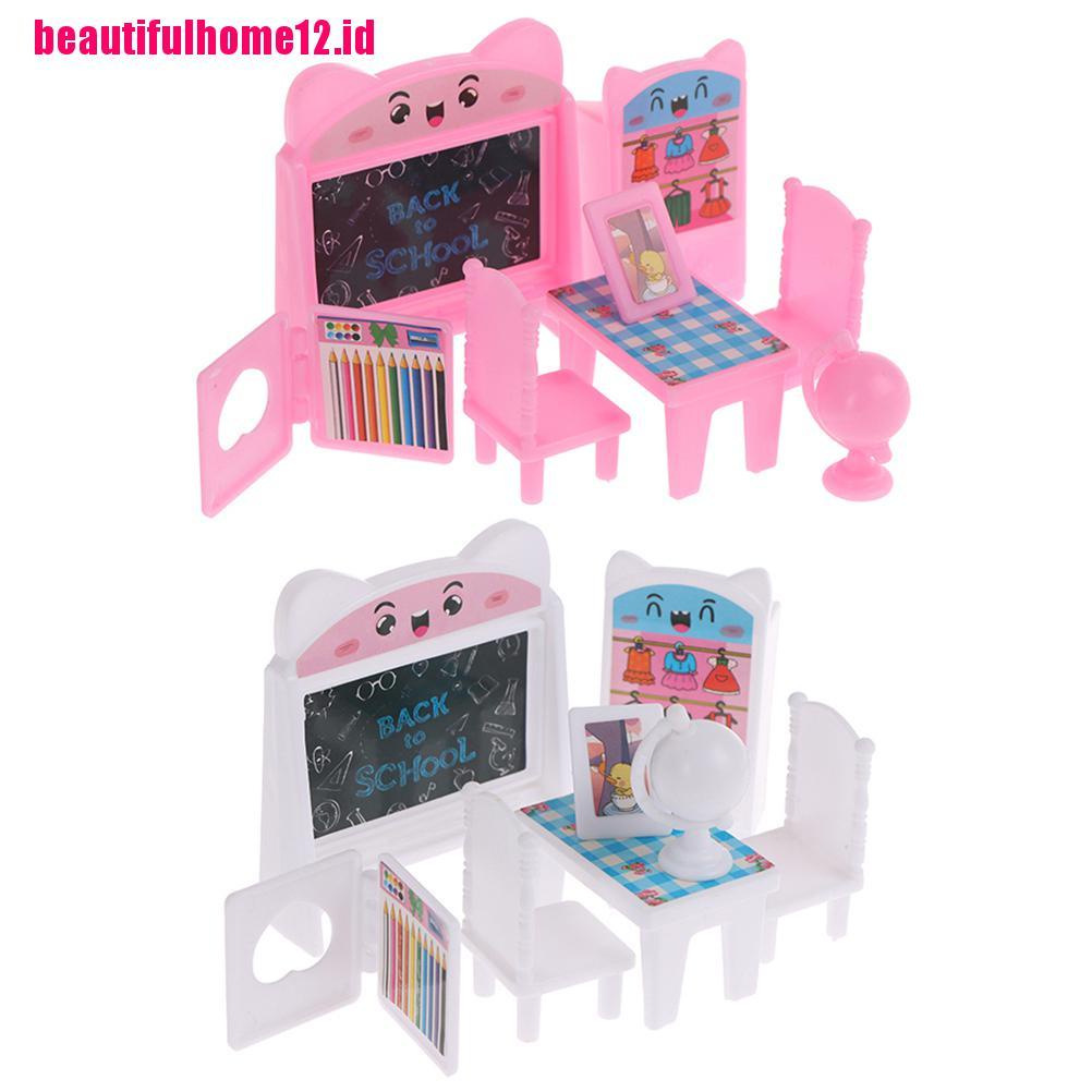 【beautifulhome12.id】8Pcs/Set Dollhouse Study Desk Set Blackboard Table Chair Doll Furniture Model