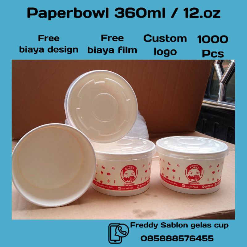 paper bowl 360ml /12oz + tutup sablon logo custom 1000 pcs
