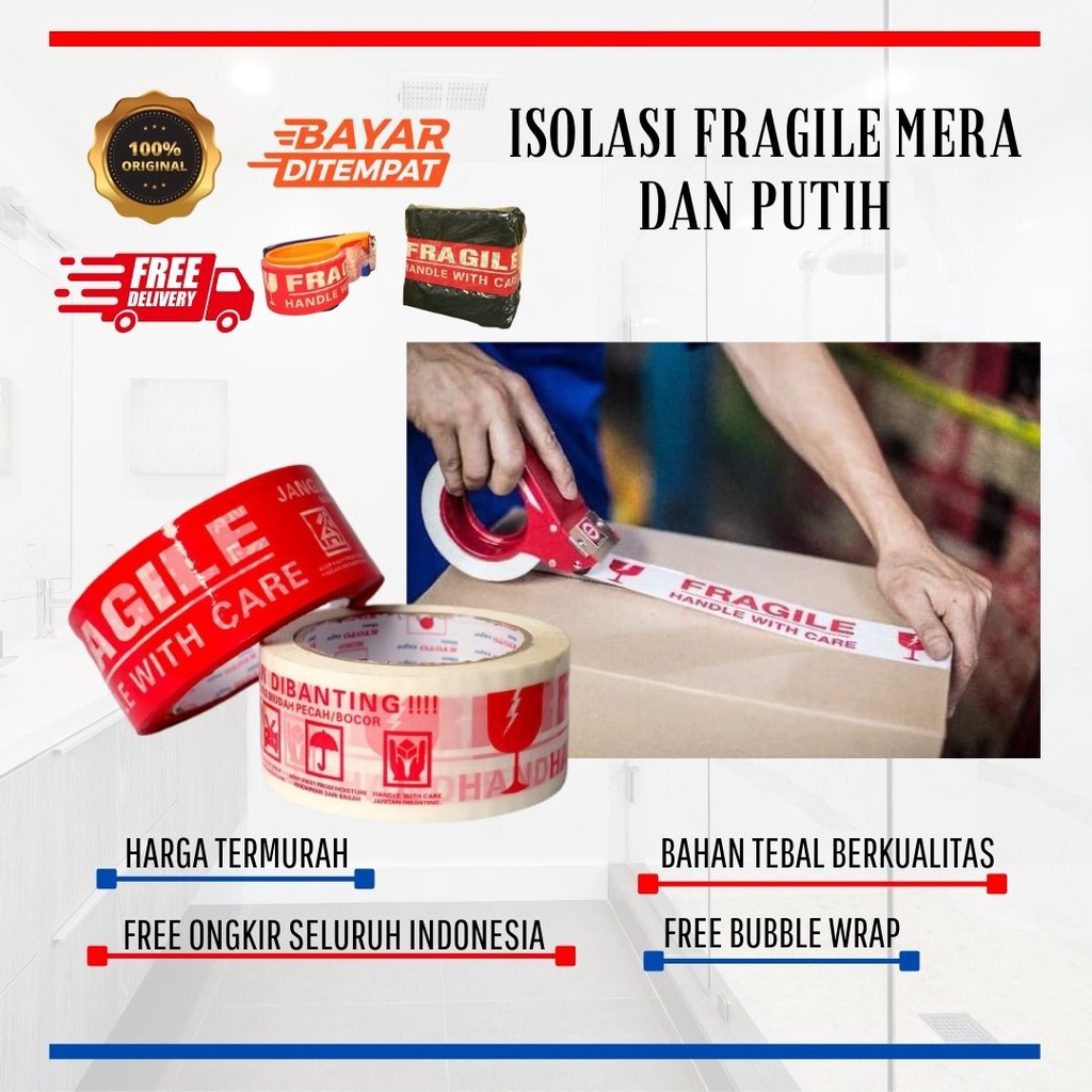 Lakban Fragile / Isolasi Fragile Packinging / Solasi Packing / Fragile Merah dan Fragile Putih
