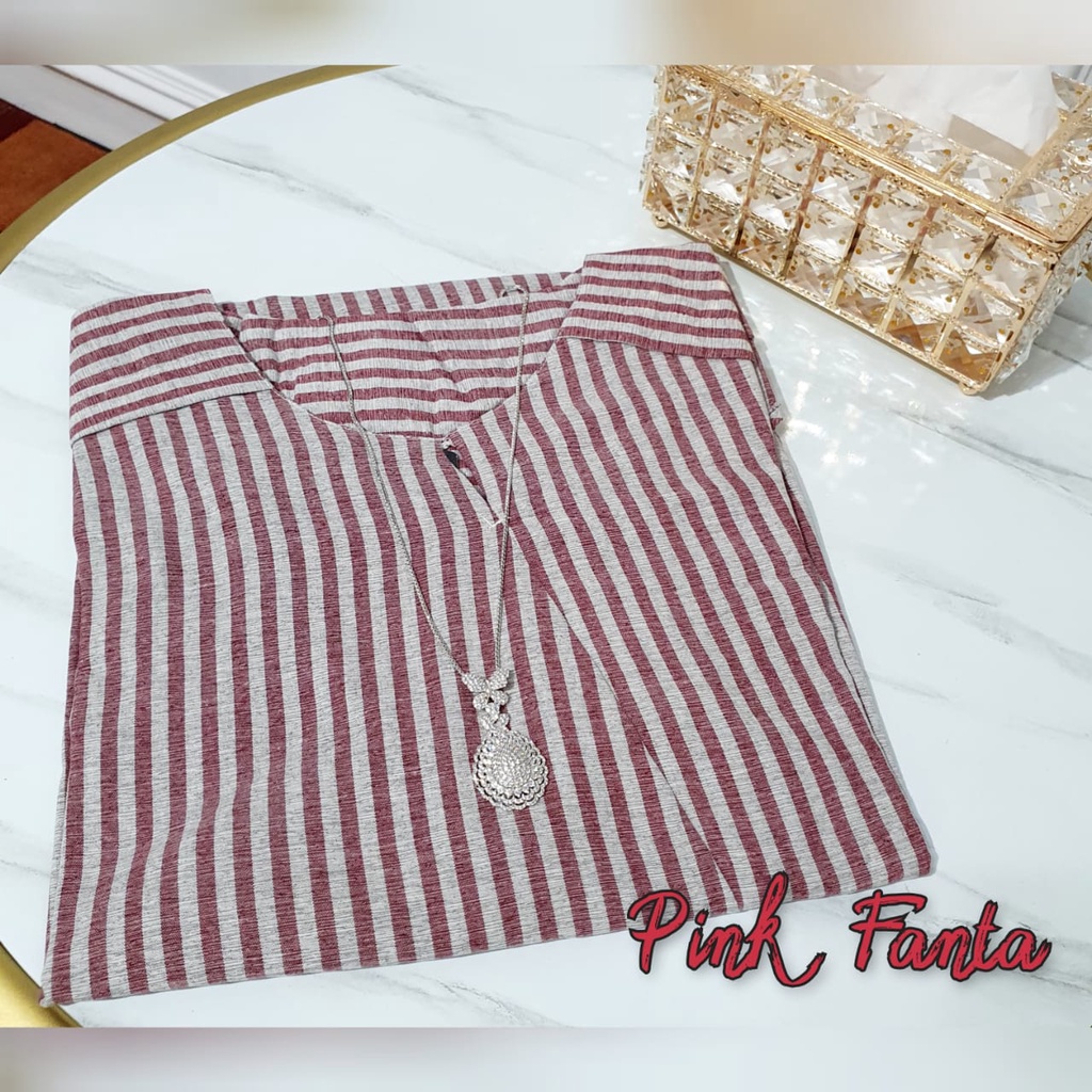Atasan Wanita Jumbo / Blouse Wanita Jumbo / Baju Atasan Wanita Jumbo Serong Salur Import LD= 124 Cm-Pink Fanta Salur Bsr