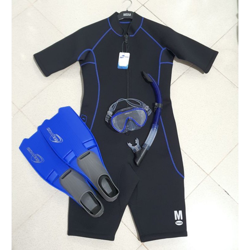 Wetsuit Shorty 3mm + Mask Snorkel + Fin - Paket Snorkeling Murah