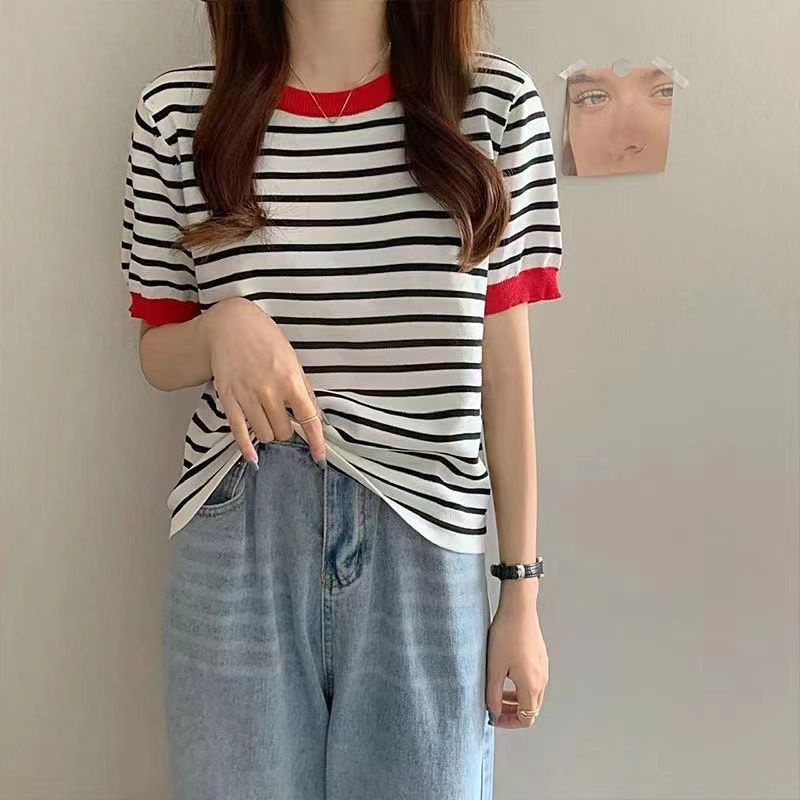 Velma Stripe T Shirt Top Knit Import - Kaos Wanita Lengan Pendek - Atasan Wanita Salur TM (B170)