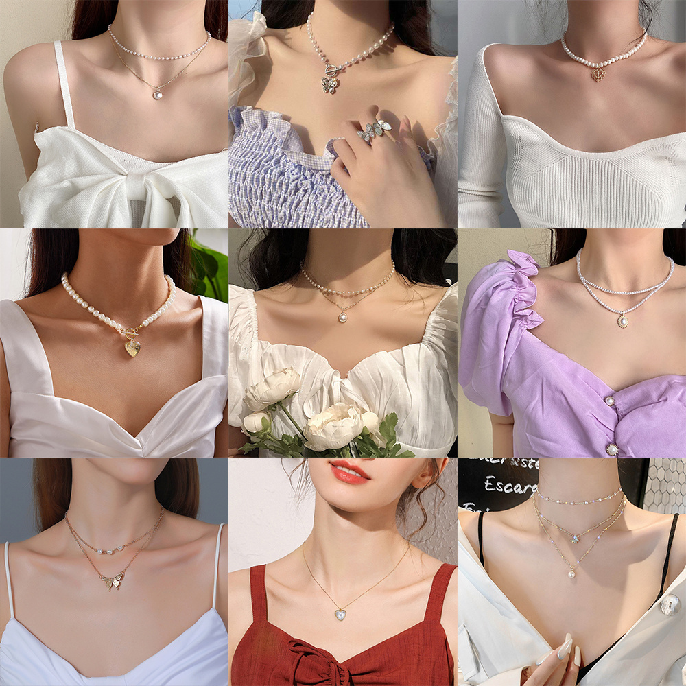 IFYOU Kalung Rantai Choker Liontin Kupu-Kupu Warna Emas Aksen Mutiara Gaya Korea Untuk Wanita