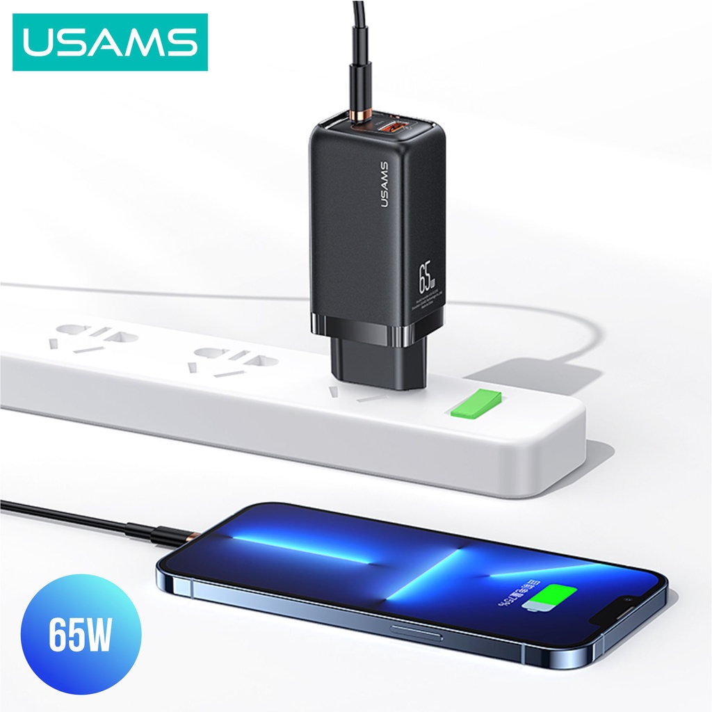 USAMS T47 Adaptor Kepala Charger Super Si Fast Charger Dual Port 65W