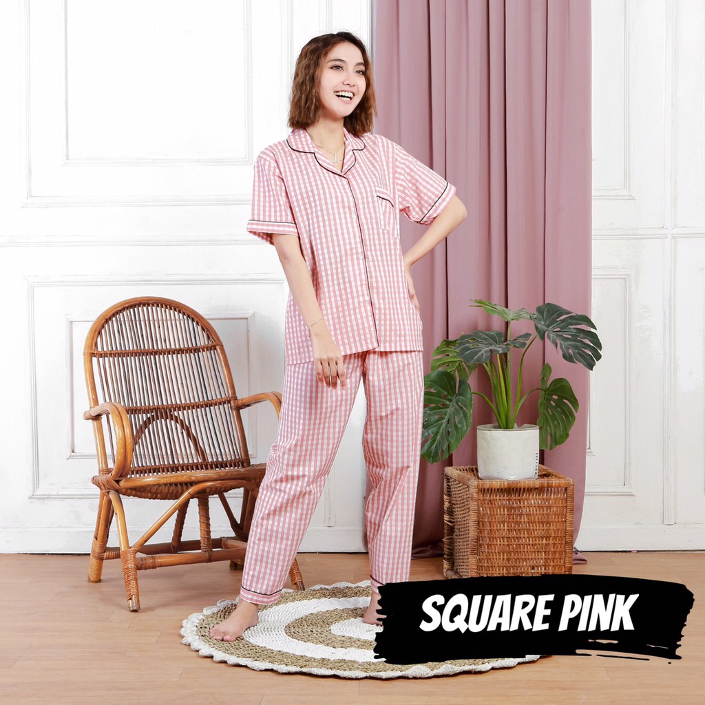 PIYAMA WANITA KATUN GARIS KOTAK POLOS / SQUARE VERTICAL baju tidur pajamas dewasa