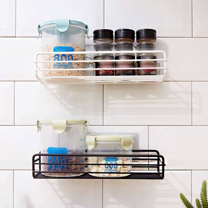 Rak Gantungan Wadah Dapur Kamar Mandi Dinding Multifungsi Dekorasi Gantungan Kuat Peralatan Bumbu Dapur Sabun Sampo Stainless Steel Bathroom Kitchen Storage Shelf Hanging Rack