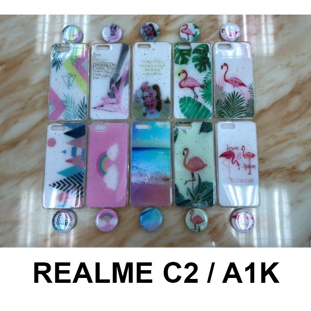 CASE REALME C2 / OPPO A1K Motif Glitter Plus Pop Socket FLAMINGO, Bunga, Ballet, Pantai, Glitter