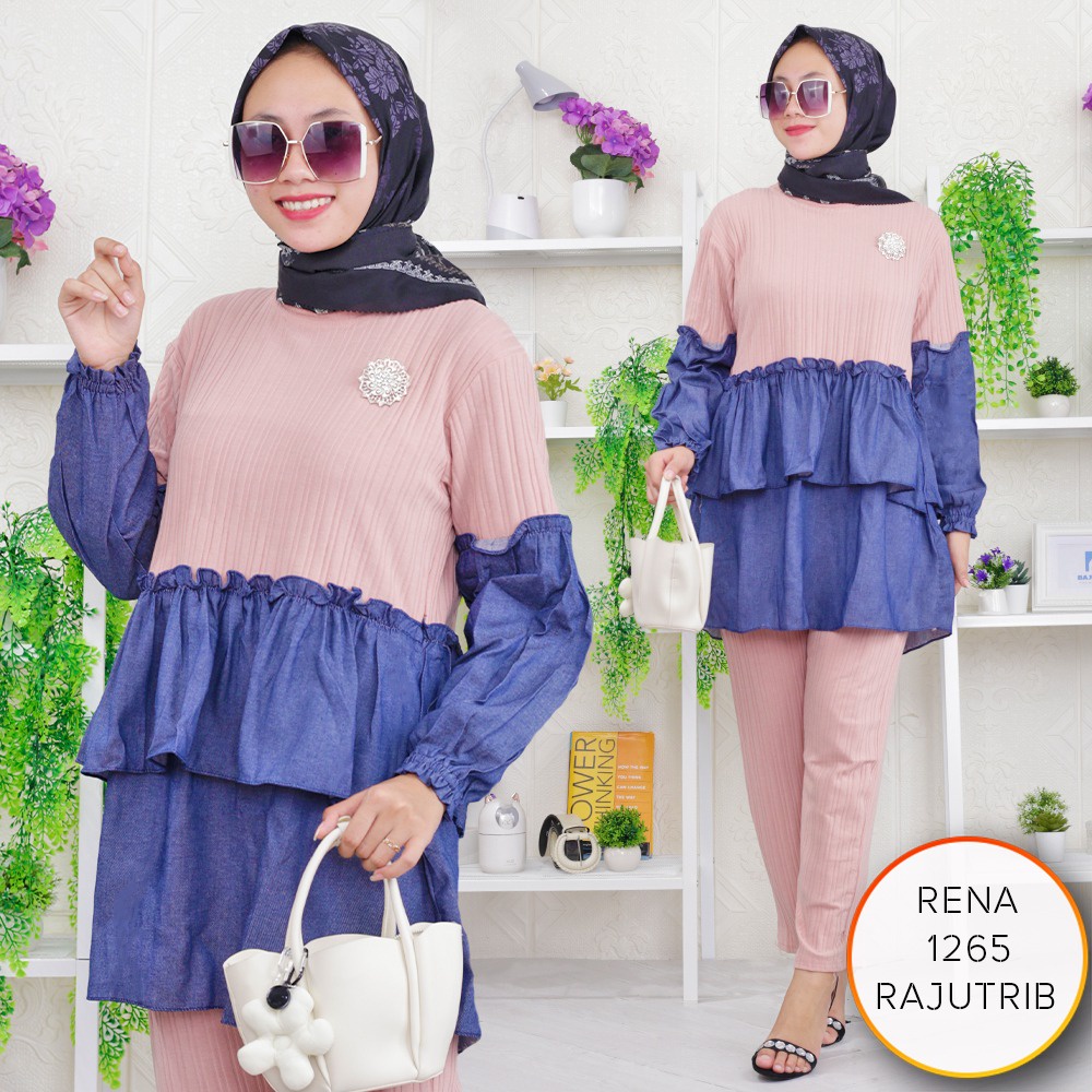 Setelan Tunik Rajut Rib Mix Denim Lengan Balon Rimpel Keliling Rena 16/3