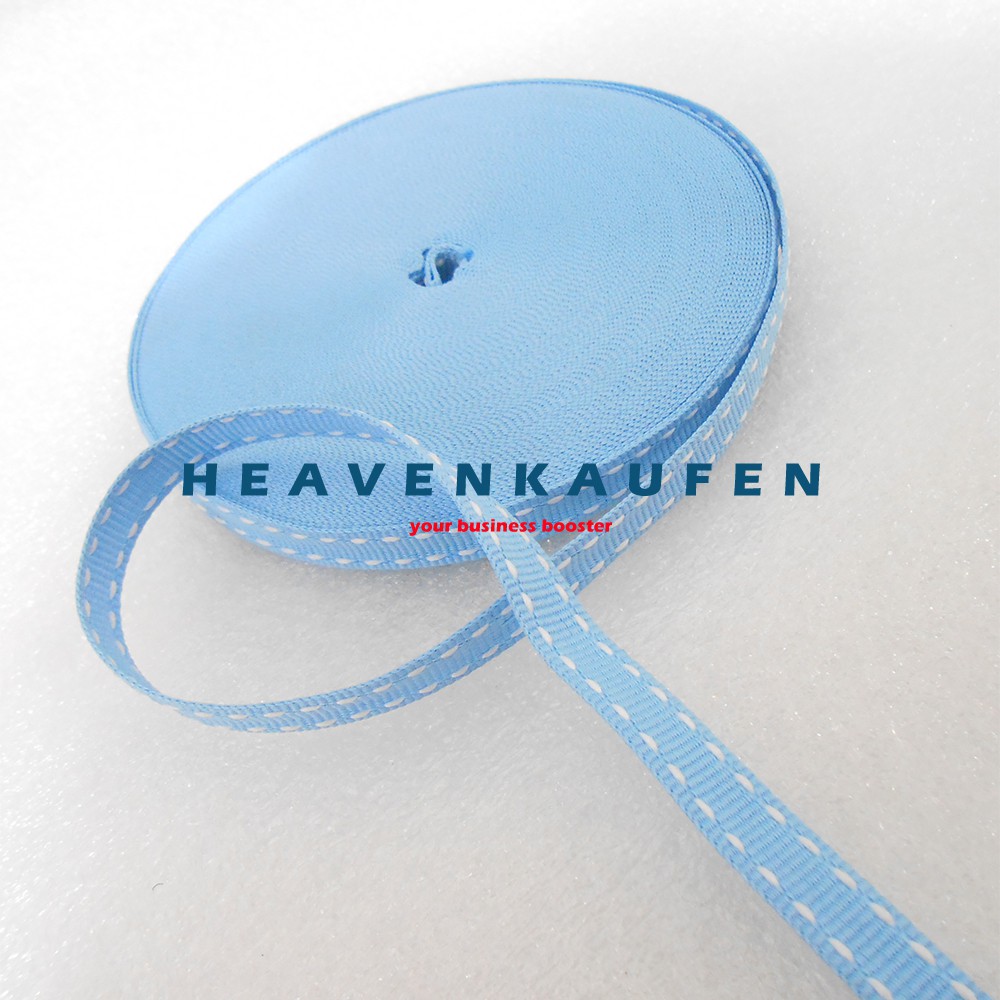 Tali Webbing Lanyard Halus Lebar 1 cm Biru Langit Bintik / Garis Putus Putih Per Rol isi 19 Meter