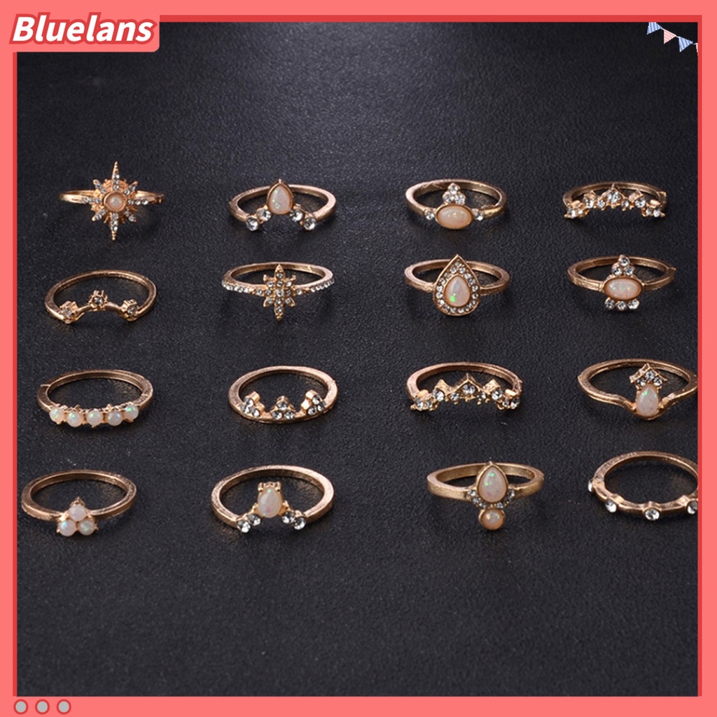 16pcs / Set Cincin Knuckle Bentuk Mahkota Aksen Berlian Imitasi Bahan Alloy Gaya Bohemia Stackable