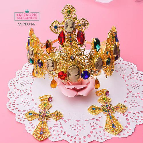 [PRODUK TERBATAS] MAHKOTA WEDDING AKSESORIS WANITA TIARA HEADPIECE EMAS MPE014