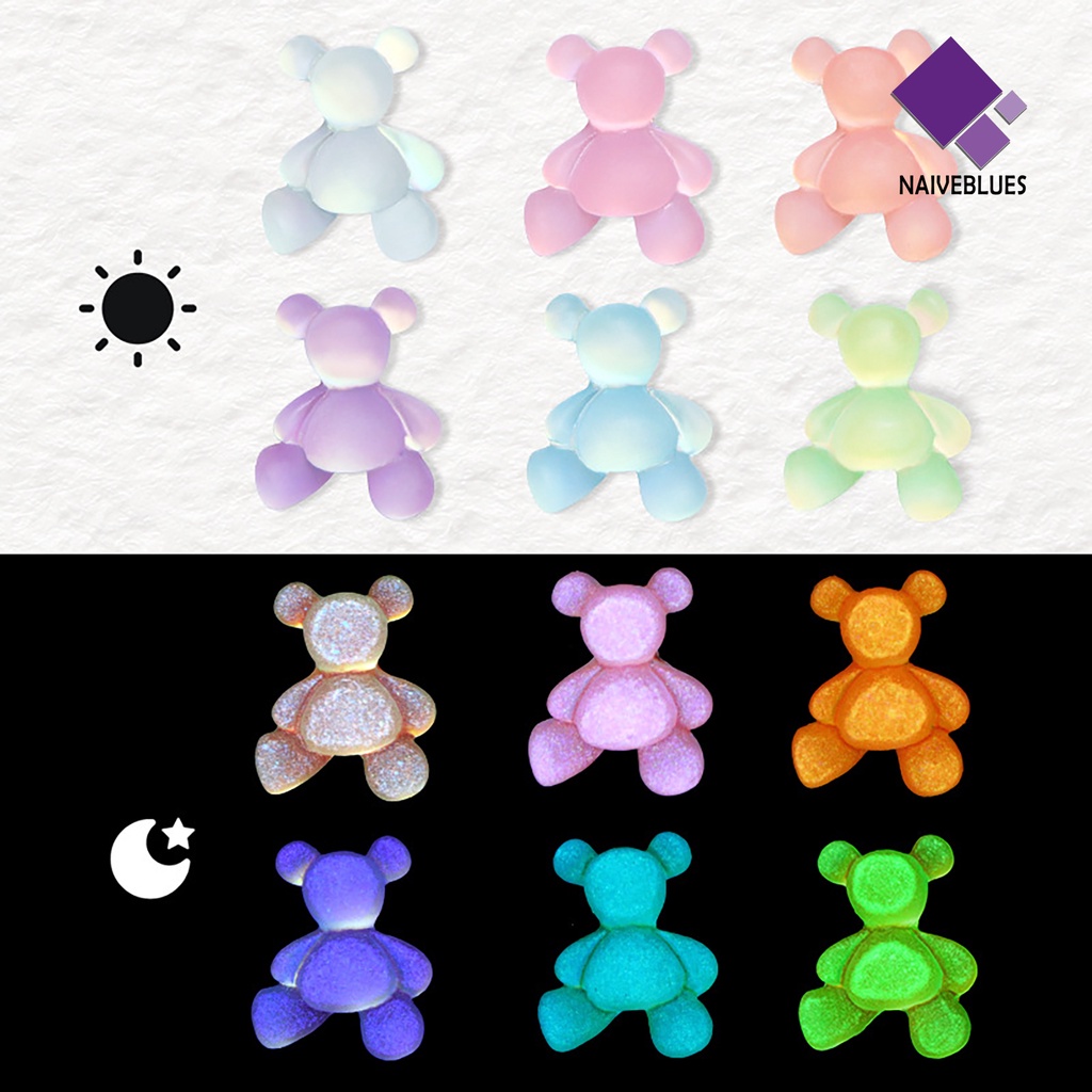 Naiveblue &gt; 10Pcs / Set Stiker Kuku Motif Beruang Glow In The Dark Untuk Nail Art / Manicure