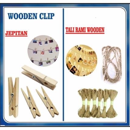 Per 1pcs - WOODEN CLIP / JEPITAN KAYU lampu tumblr Panjang 3,5cm / Tali Rami Wooden Clip 135cm