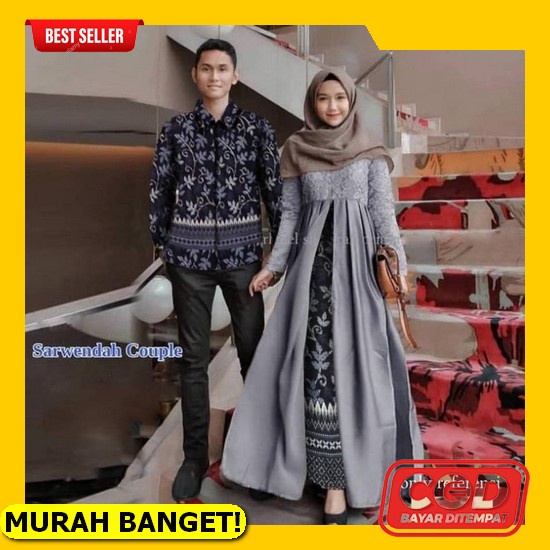 Sarimbit Couple Baju Capel Keluarga Copel Pasangan Baju Capelan Gamis Suami Istri Kapelan Muslim Kemeja Batik  Foil Couple Batik Sarwendah - Abu-Abu