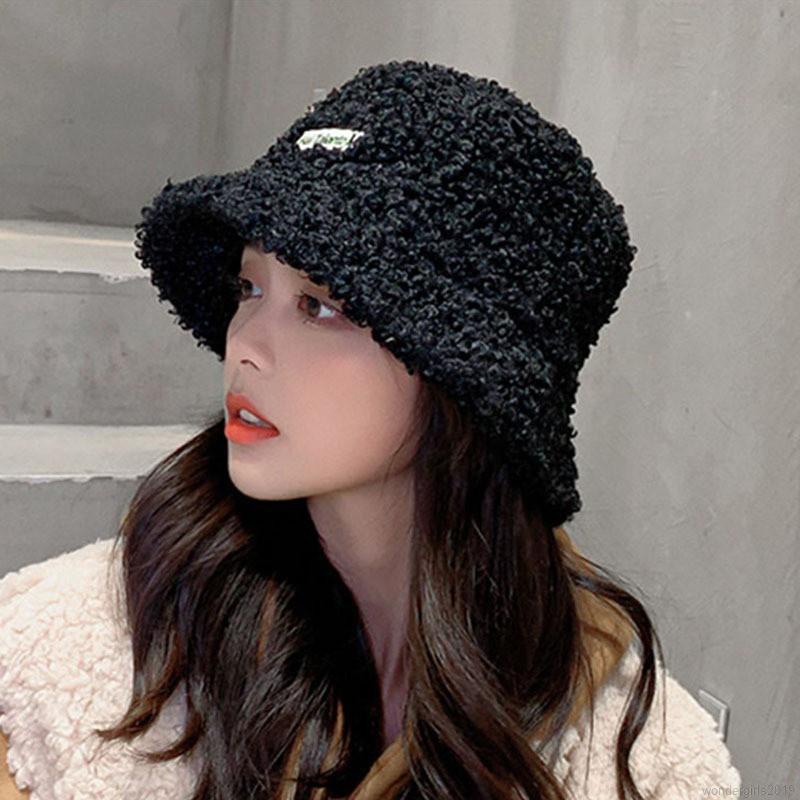 Topi Bucket Musim Dingin Bahan Wol Bulu Domba Hangat Gaya Korea Untuk Wanita